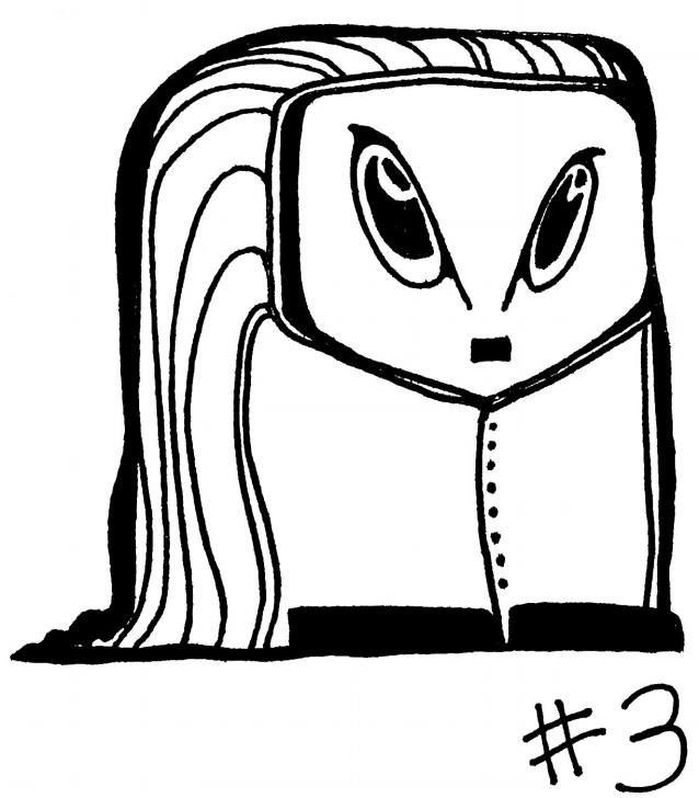 drawing of a cartoon character with contrasting angular and flowing features