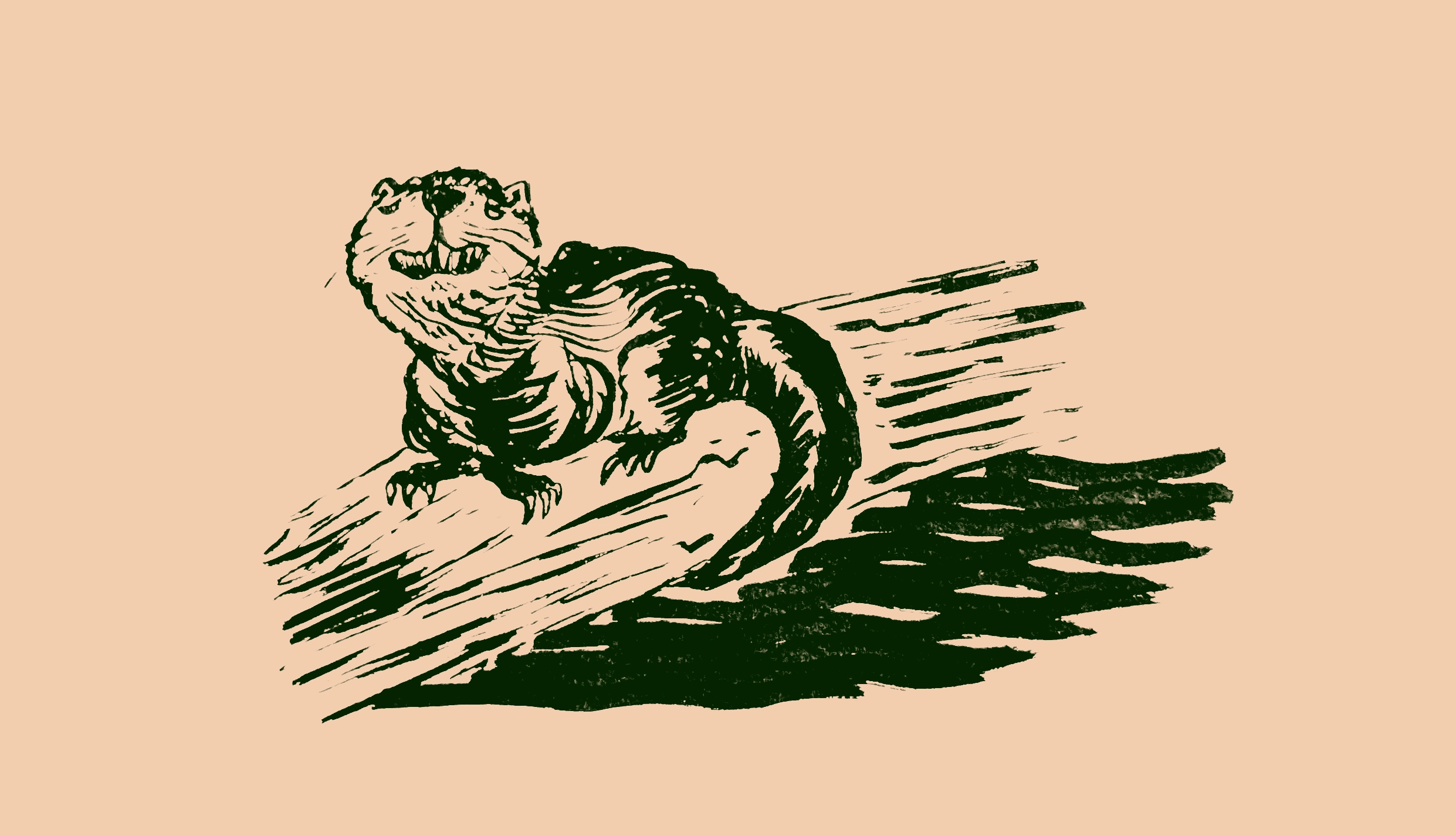 drawing of a large otter with an anguished expression laying on a log