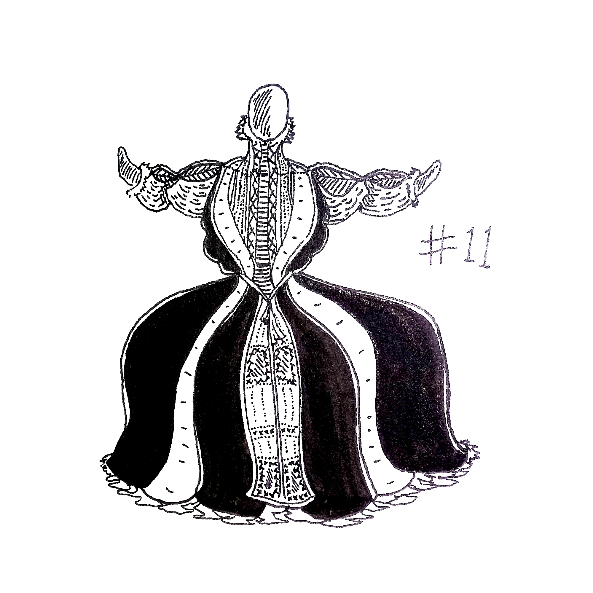 drawing of a blank-faced figure with an elaborate dress and wide skirts