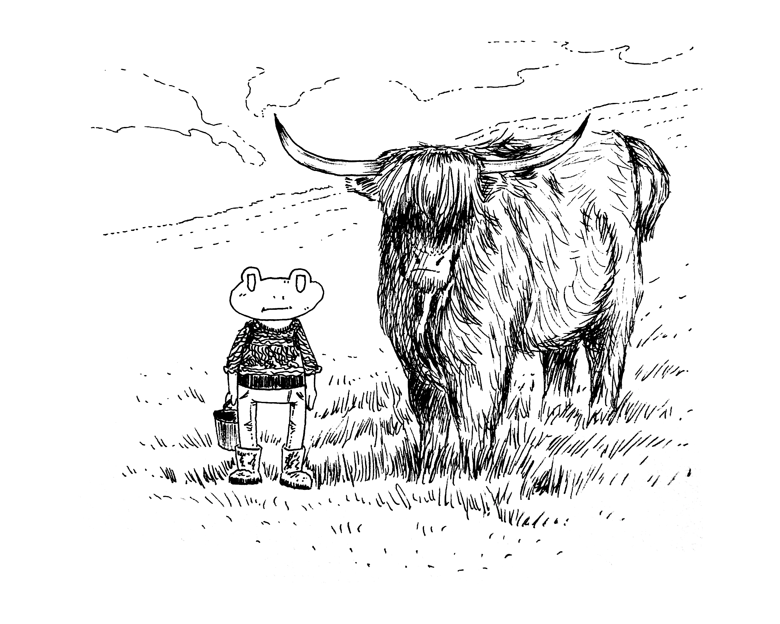 a large highlands cow next to a small frog wearing a sweater with rolled up sleeves, carrying a bucket