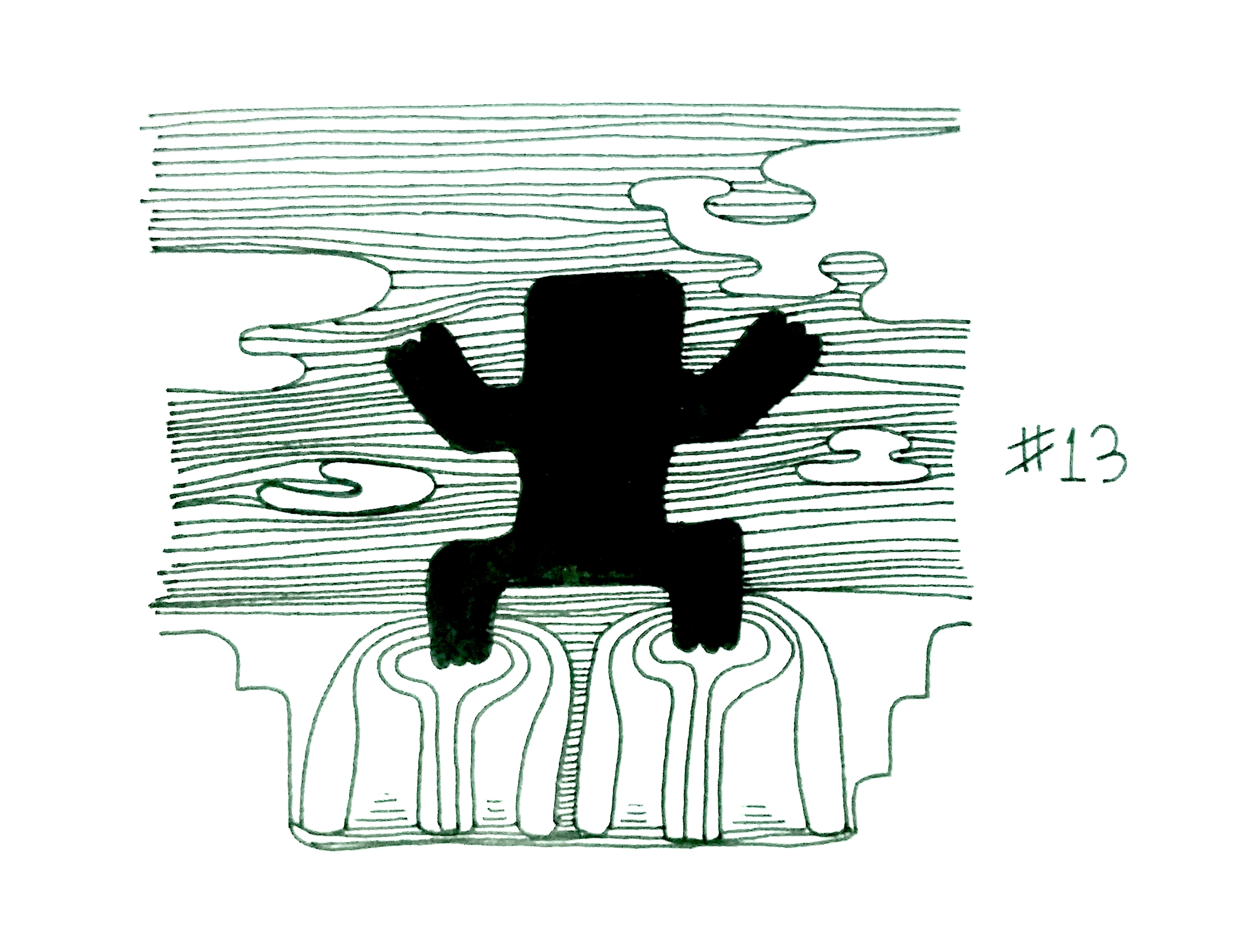 drawing of a figure standing in two abstract pool-like shapes