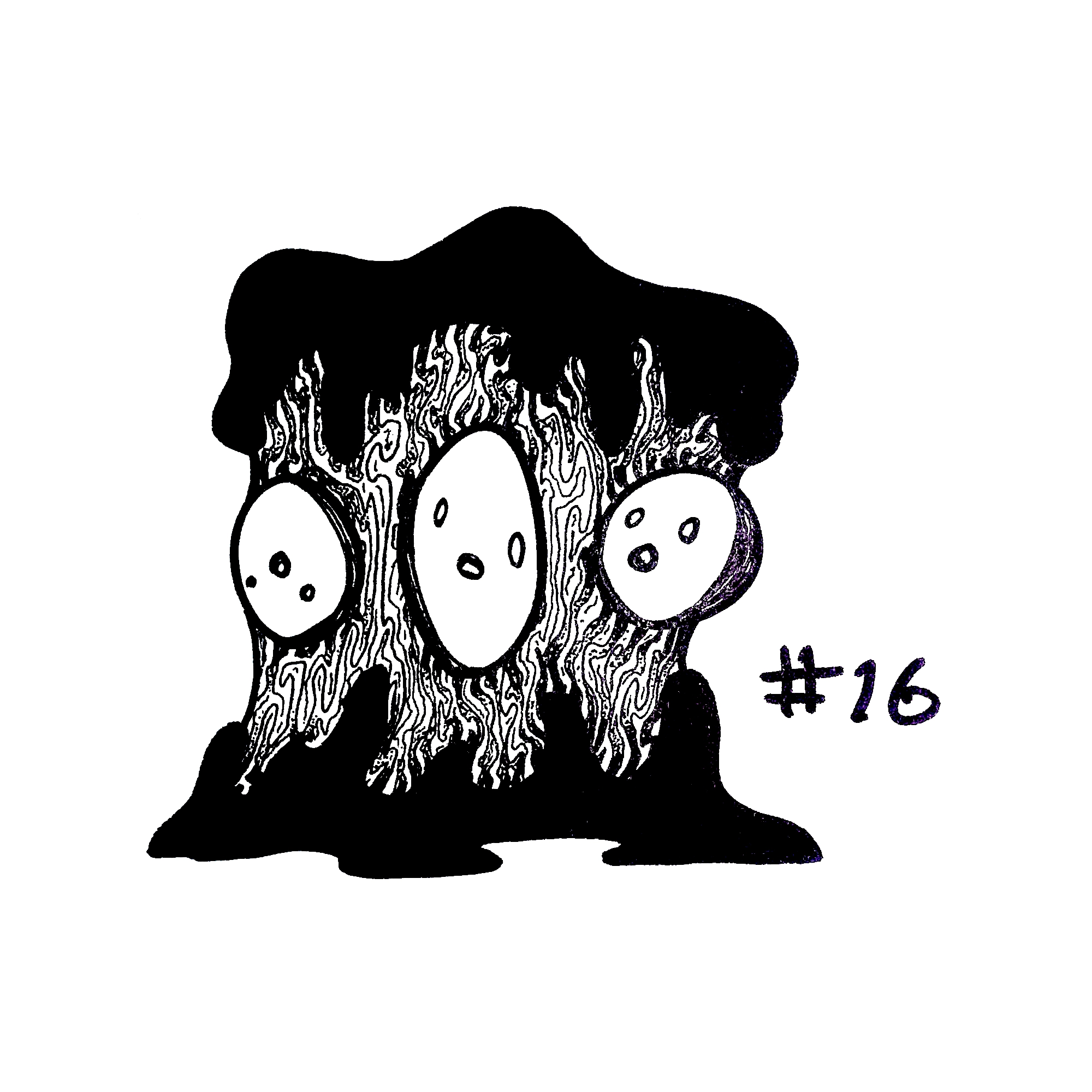 drawing of three simple faces with blank-eyed expressions embedded in a wall of intricately patterned ooze