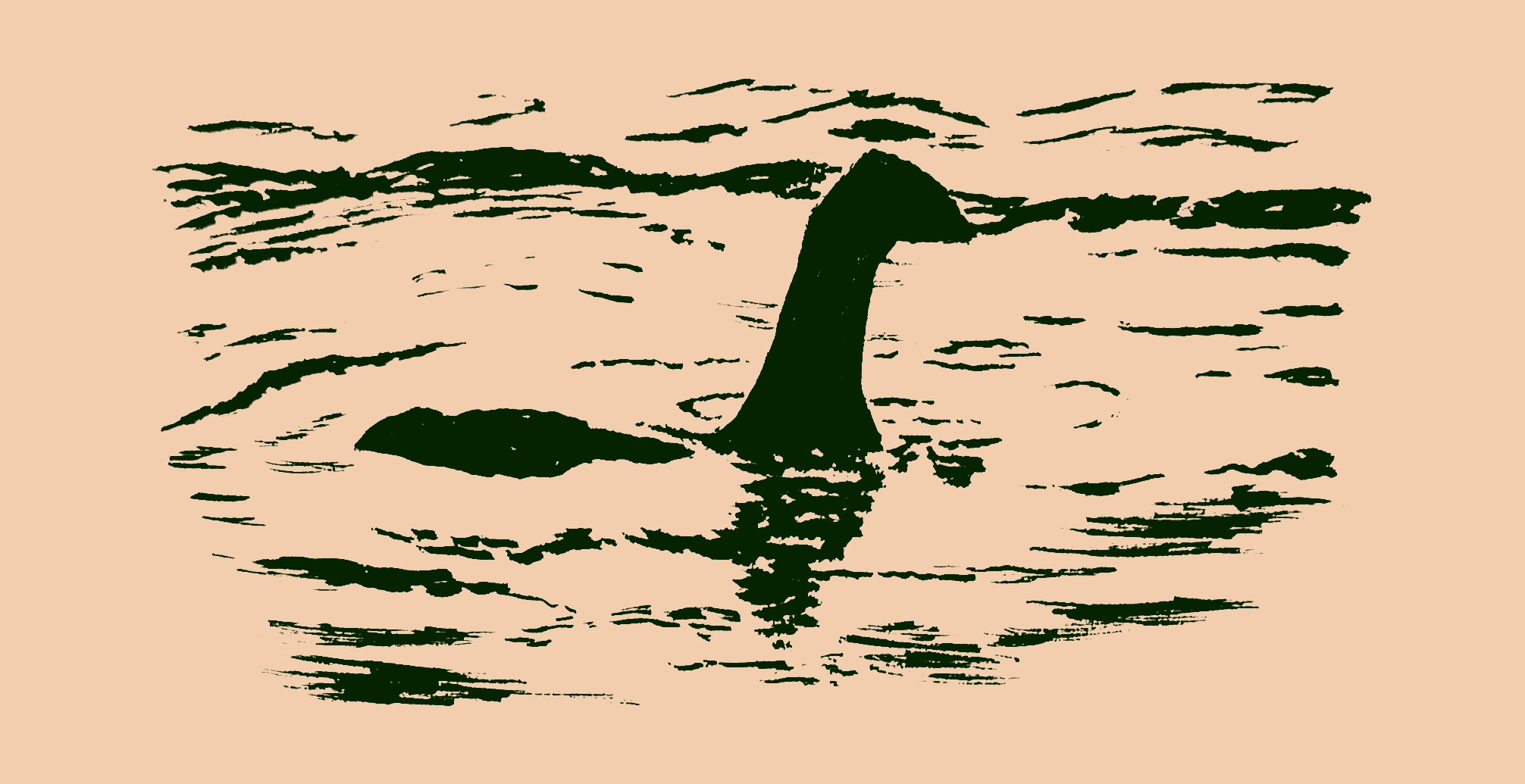 Drawing of a shadowy sauropod neck sticking out of a lake, matching the composition of the infamous Loch Ness photo