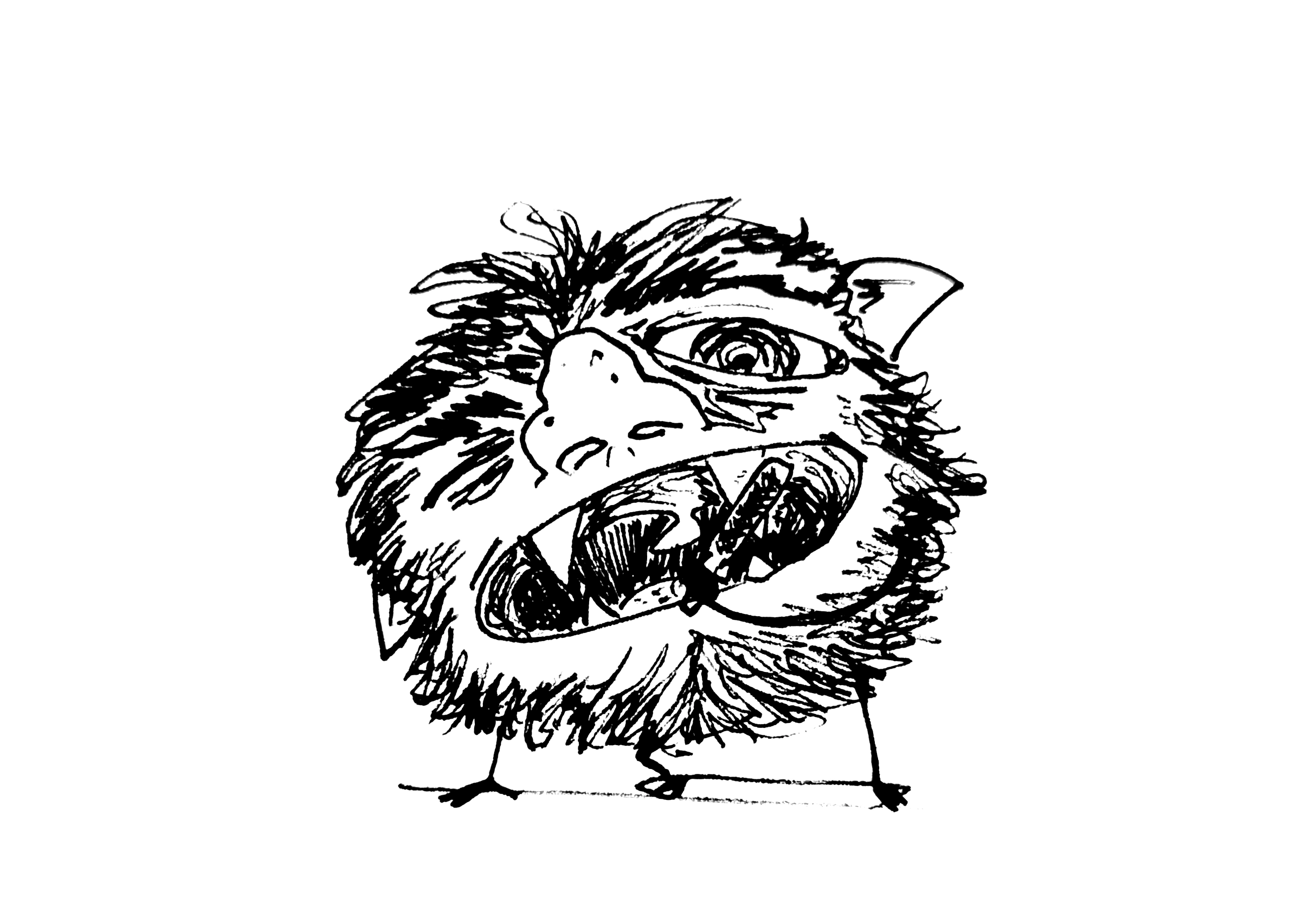 a furry little goblin with its mouth open wide, filing one of its teeth