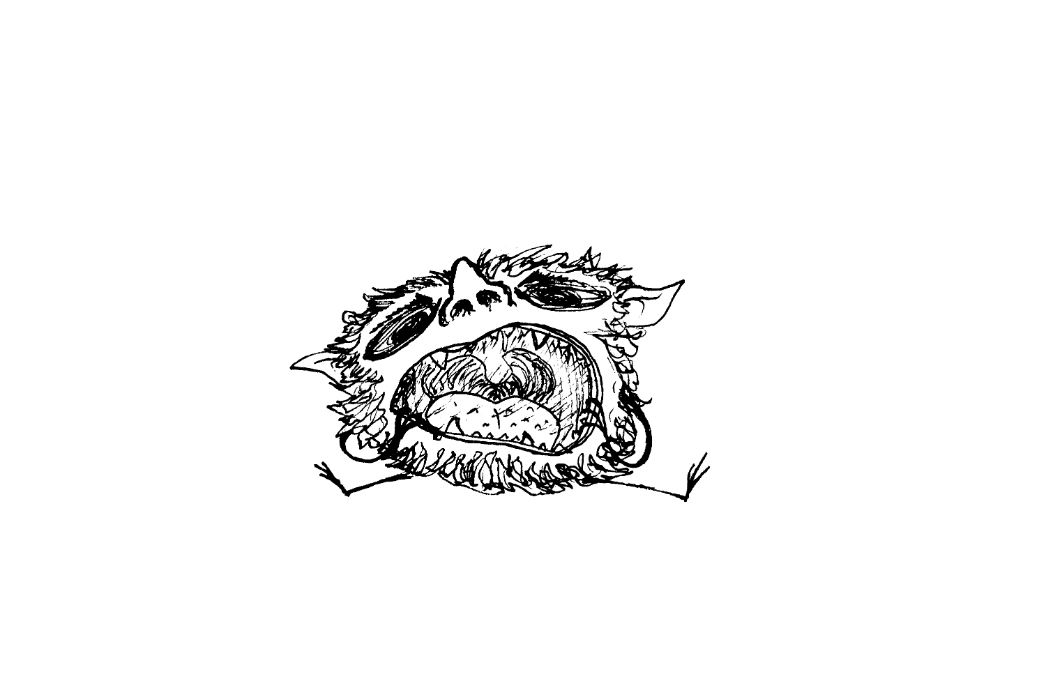 drawing of a little furry goblin sat on the floor pulling at its big, wide open mouth
