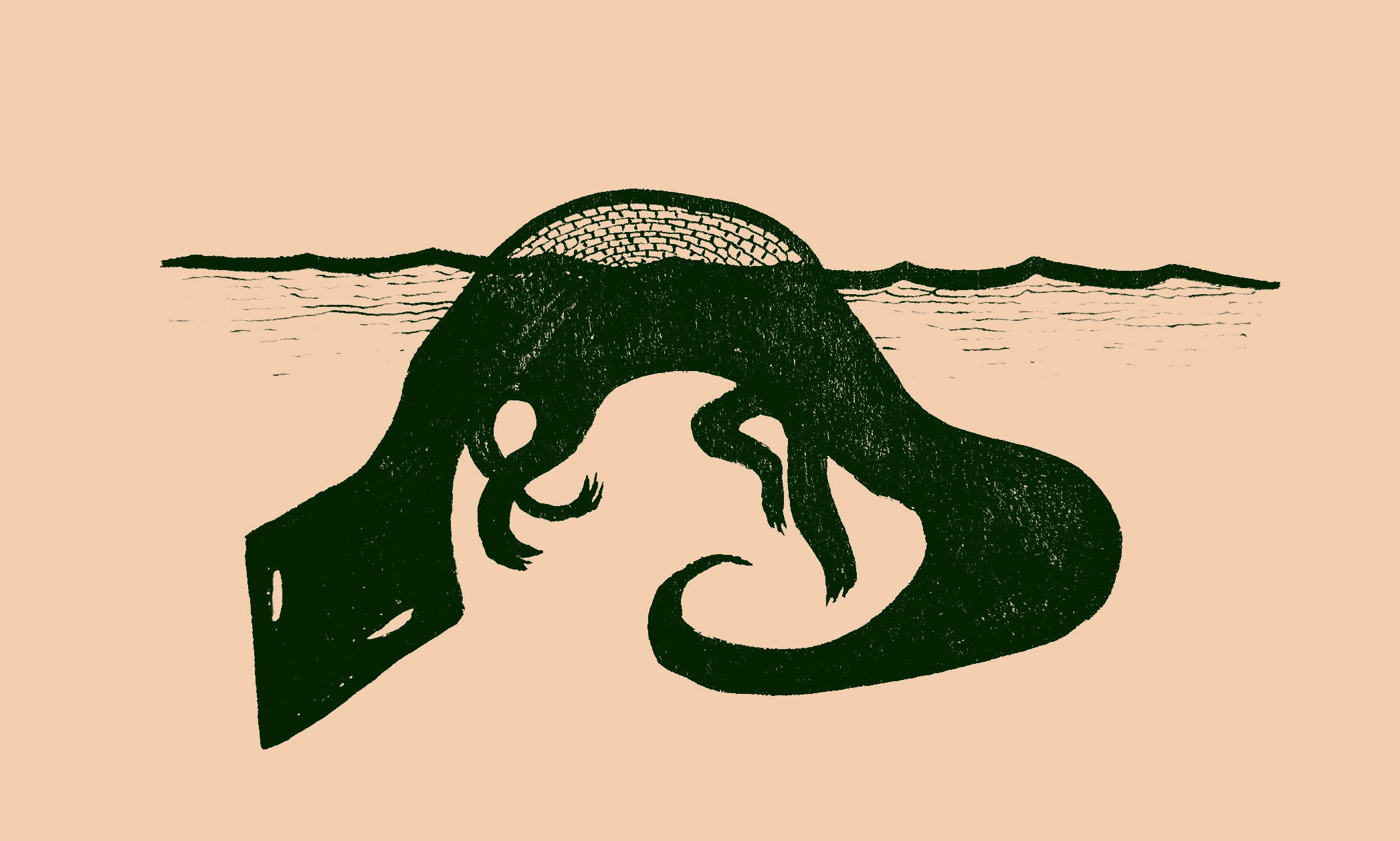 Drawing of a lizard-like sea serpent with a diamond-shaped head underwater with only the arch of its back visible above the surface