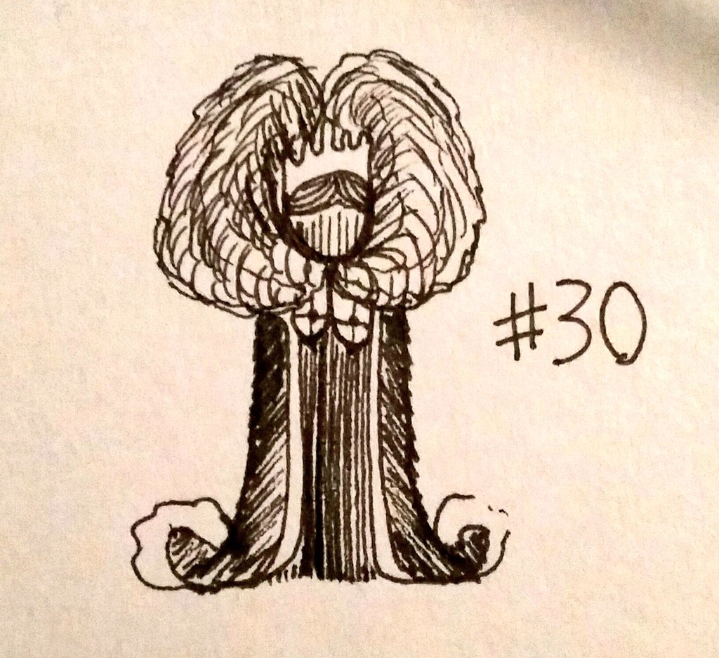 rough drawing of a figure iwth a large poofy cape and a crown