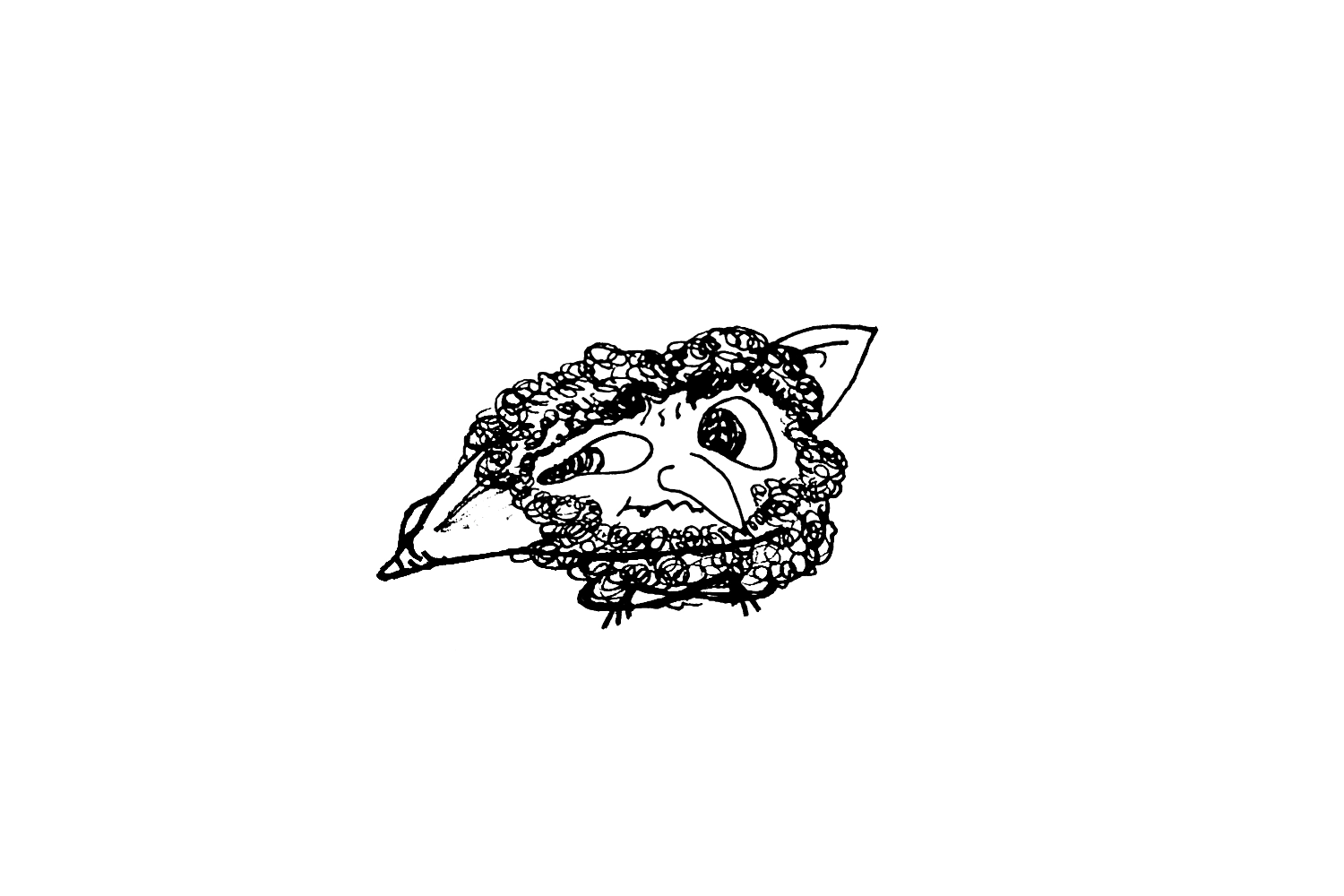 drawing of a little furry goblin sitting cross-legged and tugging one of its ears away from its head