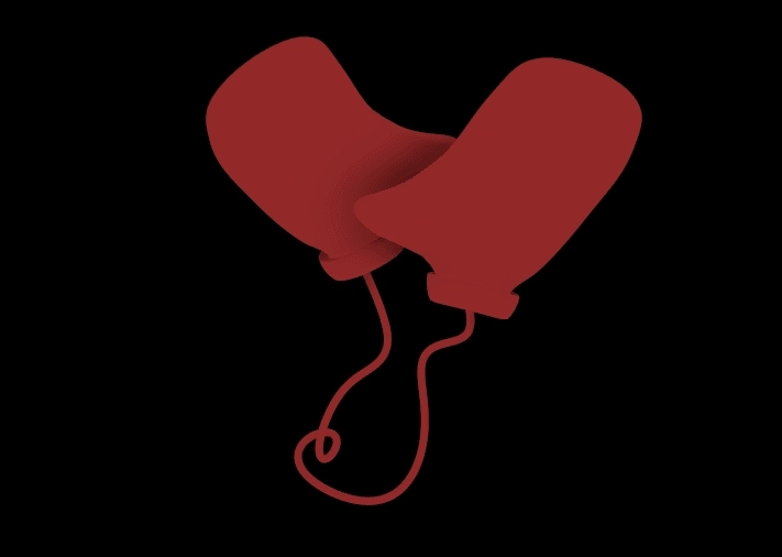 simple 3D model of a pair of knitted gloves connected by a long string