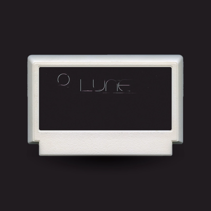a game cartridge with thin, faded text saying "lune" overlaid on the dark of space. a similarly faded circle and a few specks of light are visible in the background