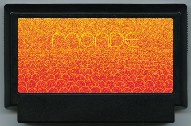 a game cartridge with thin text saying "monde" overlaid on a horizon covered in round shapes. the entire image is textured in warm scratches