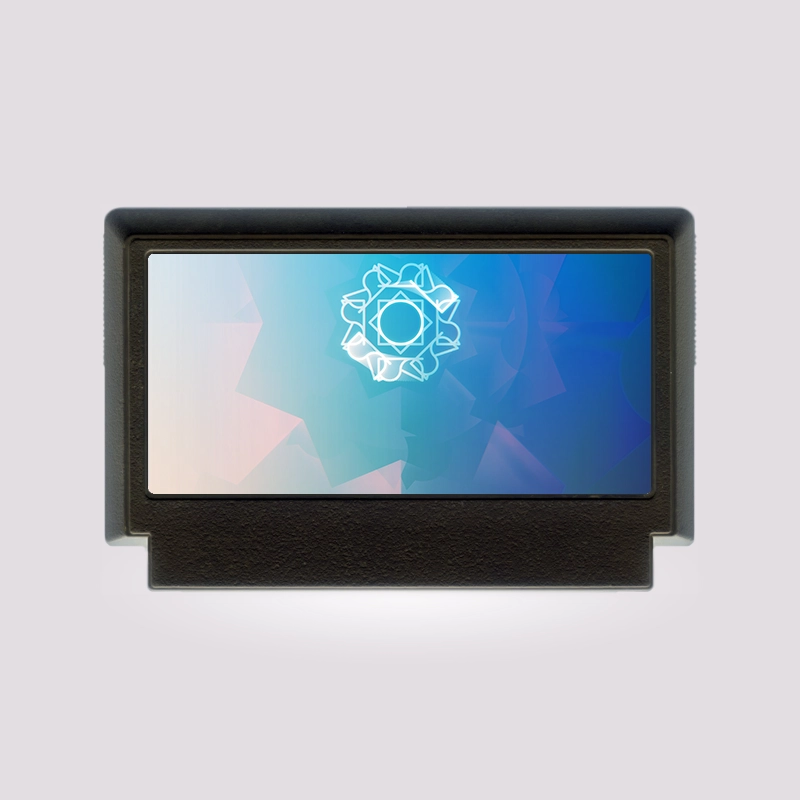 a game cartridge with rotationally symmetrical glowing text saying "sol" overlaid on an abstract background of light blue geometric shapes