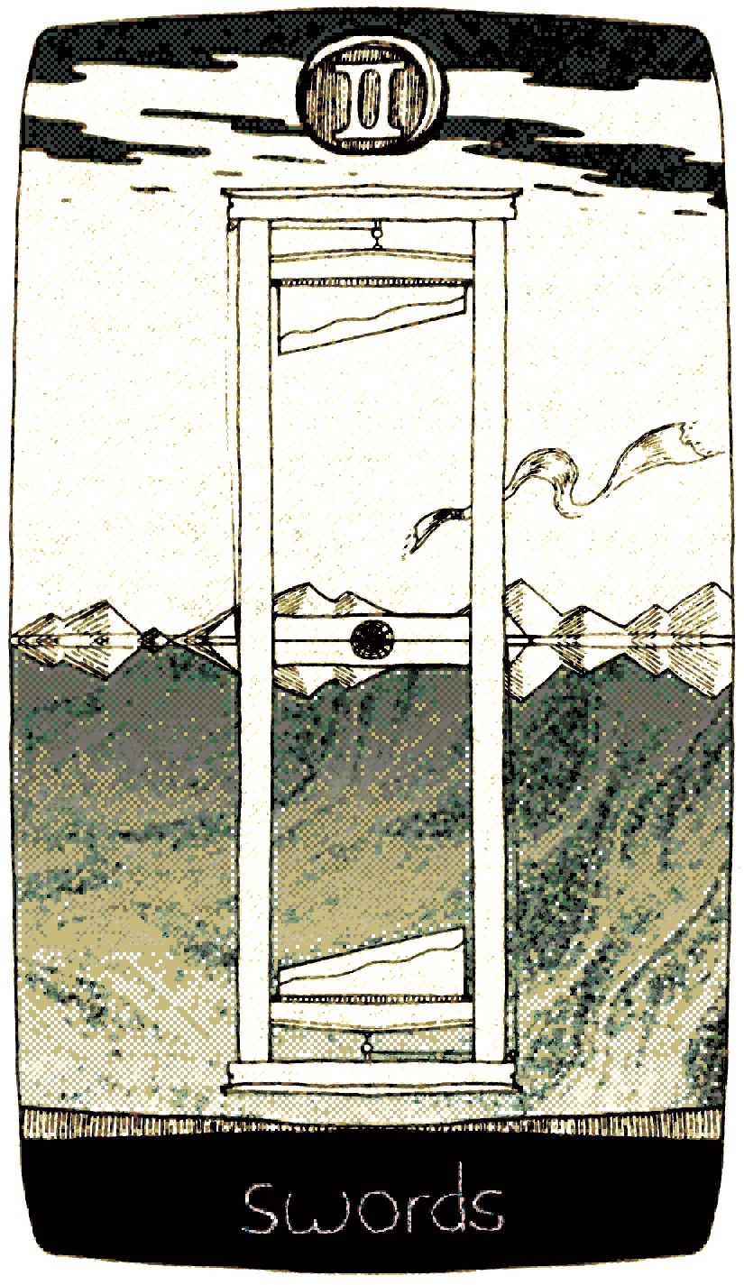 a stark drawing with digital filters of a guillotine mirrored about its pillory such that there is a second, inverted guillotine blade suspended below. in the background, there are clouds, a mountain range, similarly mirrored upon a murky surface. a scarf blows away in the wind behind the upper guillotine.